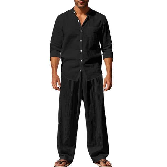 YSUEJPF Pajama Sets for Men 2 Piece Faux Linen Button Down Long Sleeve Shirts & Pants Loose Fit Lightweight Lounge Sets