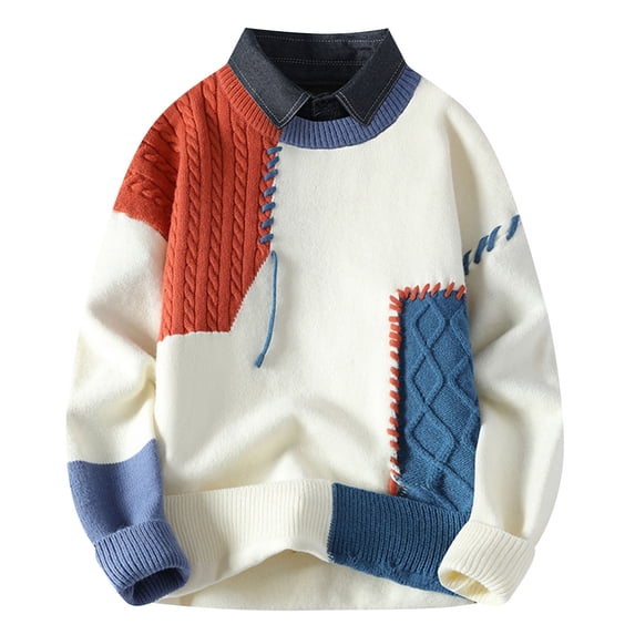 YSUEJPF Patchwork Sweaters for Men Trendy Color Block Collared Knitted Pullover Sweaters Cable Knit Loose Fit Long Sleeve Jumper Tops