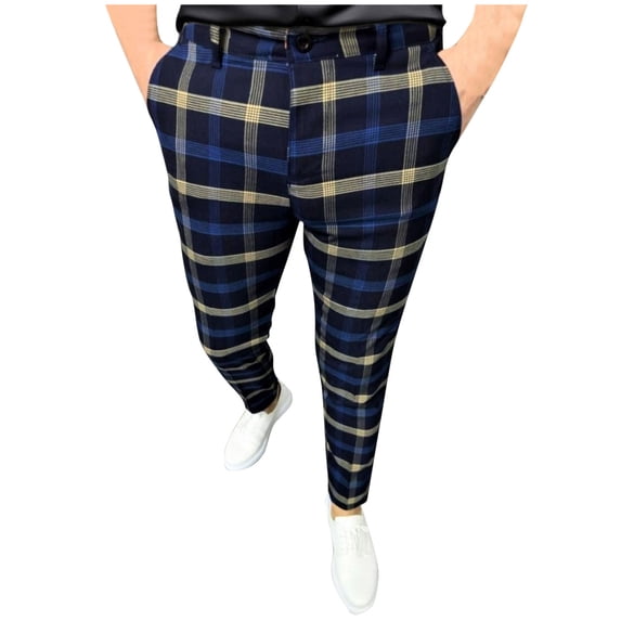 YSUEJPF Plaid Dress Pants for Men Button Skinny Stretch Work Office Pants Casual Trousers Straight Leg Slacks