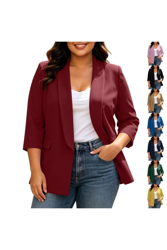 Plus Size Blazers for Women 3/4 Sleeve Open Front Jacket Lapel Cardigan Casual Suit with Pockets