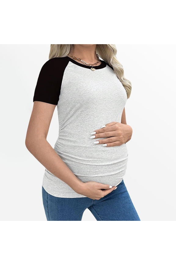 Round Neck Maternity Shirt for Women Short Sleeve Color Block Tops Slim Fit Ruch Pregnant T-shirt