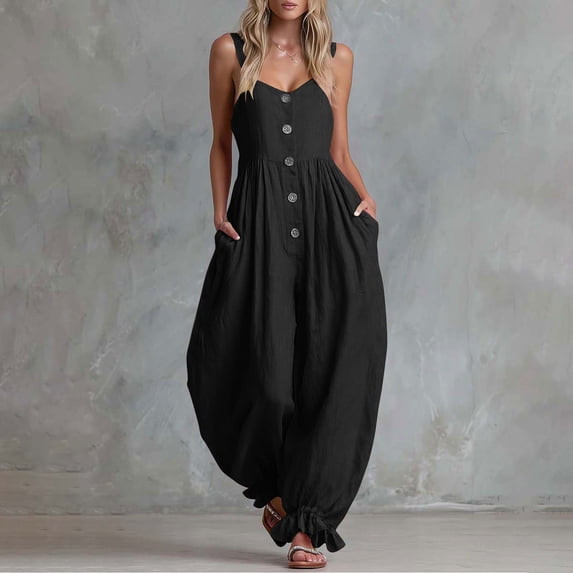 YSUEJPF Scoop Neck Rompers for Women Sleeveless Button Down Jumpsuits Baggy Ruffled Hem Overalls with Pockets