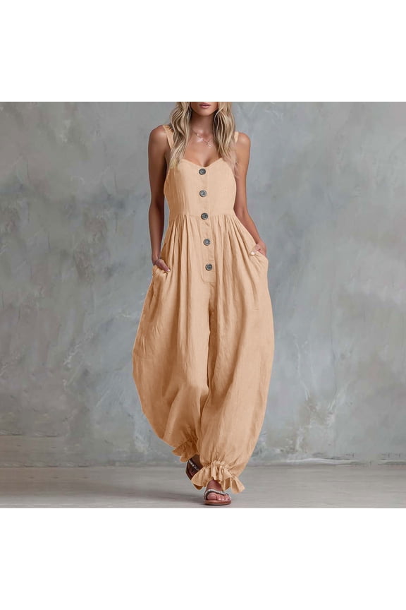 Scoop Neck Rompers for Women Sleeveless Button Down Jumpsuits Baggy Ruffled Hem Overalls with Pockets