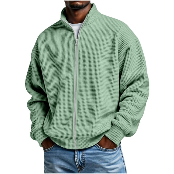 YSUEJPF Waffle Knit Jackets for Men Casual Fall Winter Zip Up Cardigan Jackets Stand Collar Long Sleeve Loose Fit Stretchy Coats