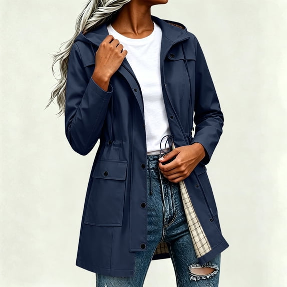 YSUEJPF Waterproof Raincoat for Women Hooded Drawstring Trench Coats Plaid Lined Windbreak Jacket with Pockets