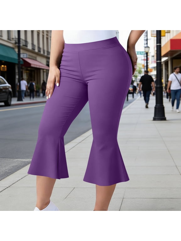 Women Bell Bottoms Elastic Waist Stretchy Fitted Yoga Pant Flared Wide Leg Capri Pants Plus Size