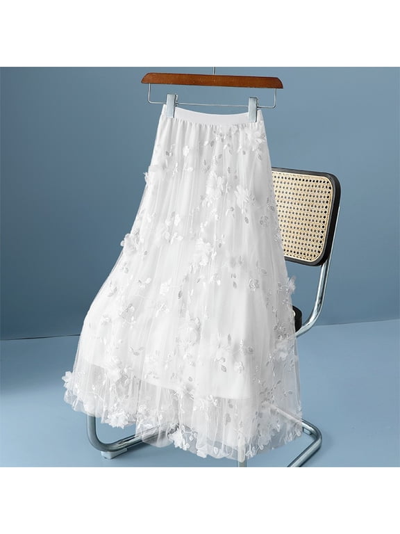 Women's Boho Double-layer Gauze Skirt Elastic Waist Swing Midi Skirts Tulle Flower Lightweight Breathable Skirts