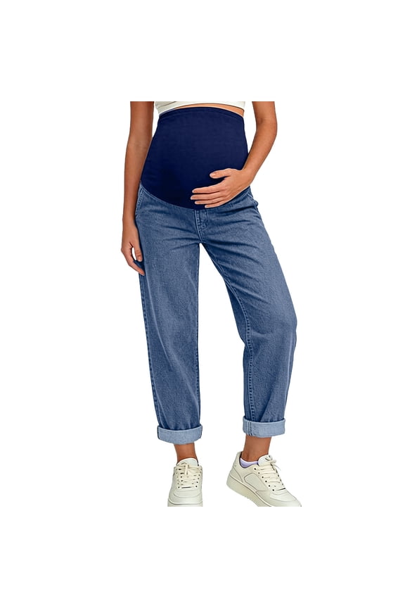 Women's Maternity Baggy Jeans High Waisted Loose Cuffed Denim Pants Pregnancy Casual Jeggings Postpartum Activewear