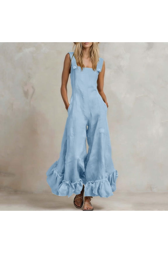 Women's Square Neck Overalls Sleeveless Adjustable Strap Rompers Ruffled Hem Wide Leg Jumpsuits with Pockets