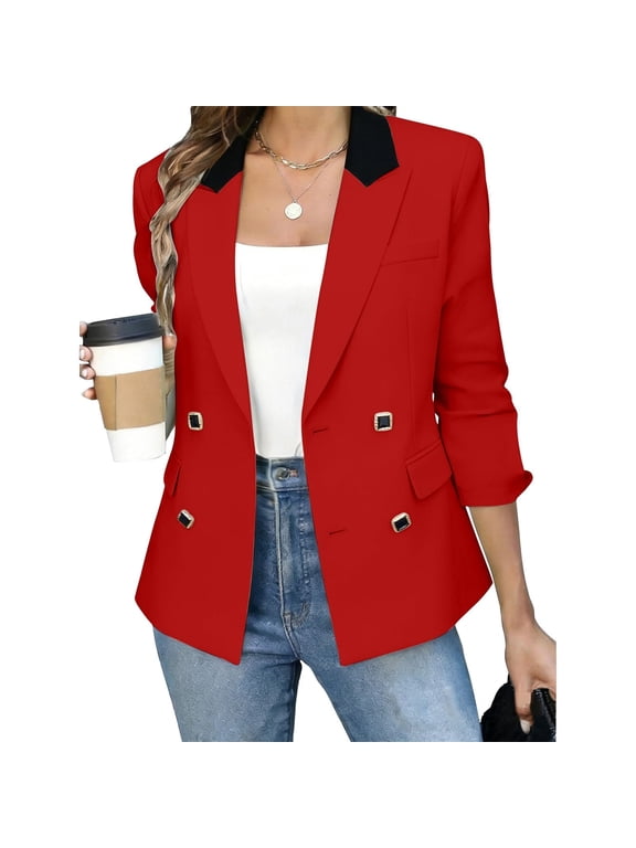 Womens Blazer Double Breasted Peak Lapel Long Sleeve Business Casual Suit Jackets for Wedding Formal Dinner Prom