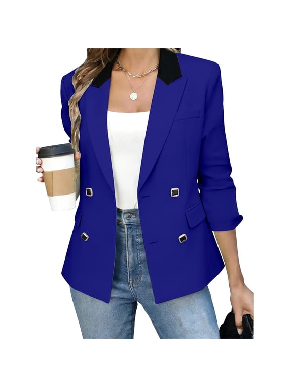Womens Blazer Double Breasted Peak Lapel Long Sleeve Business Casual Suit Jackets for Wedding Formal Dinner Prom