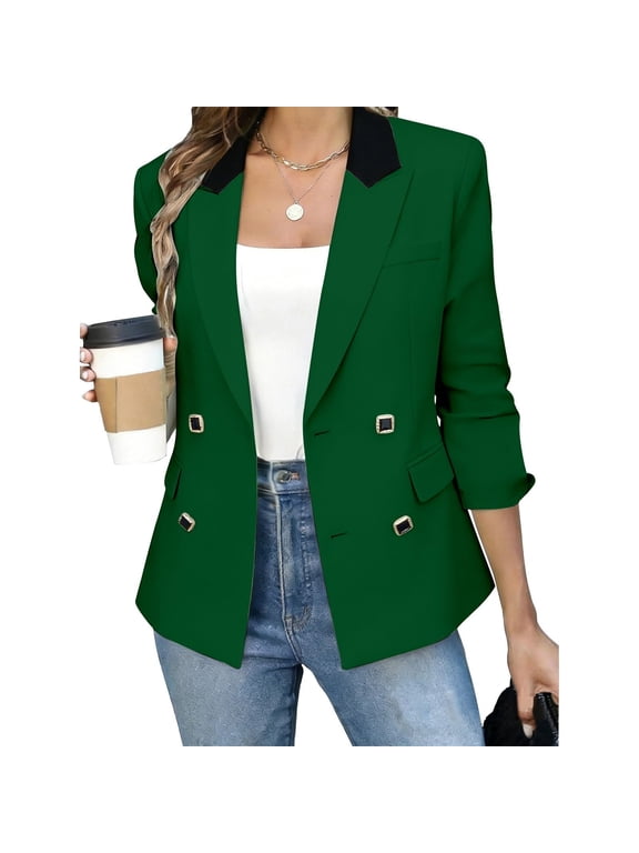 Womens Blazer Double Breasted Peak Lapel Long Sleeve Business Casual Suit Jackets for Wedding Formal Dinner Prom