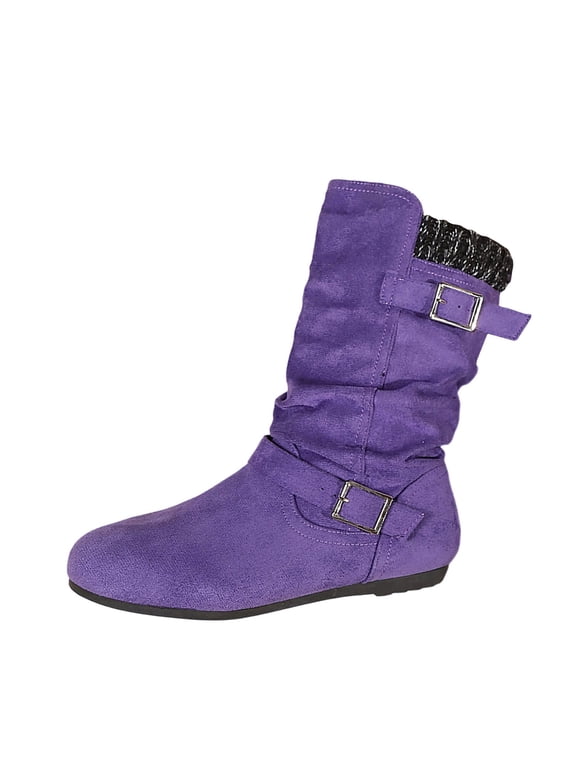 Womens Boots Round Toe Slouch Flat Heel Boot Casual Slip On Ankle Boots with Adjustable Buckle