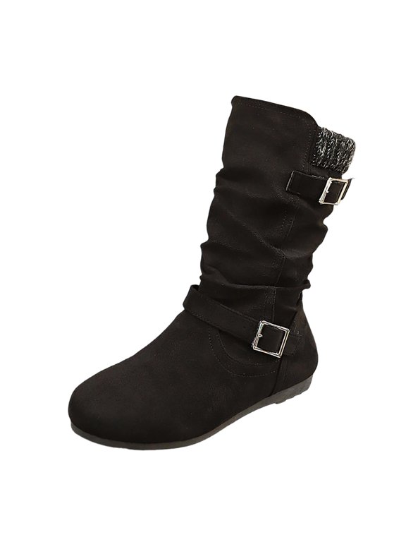 Womens Boots Round Toe Slouch Flat Heel Boot Casual Slip On Ankle Boots with Adjustable Buckle