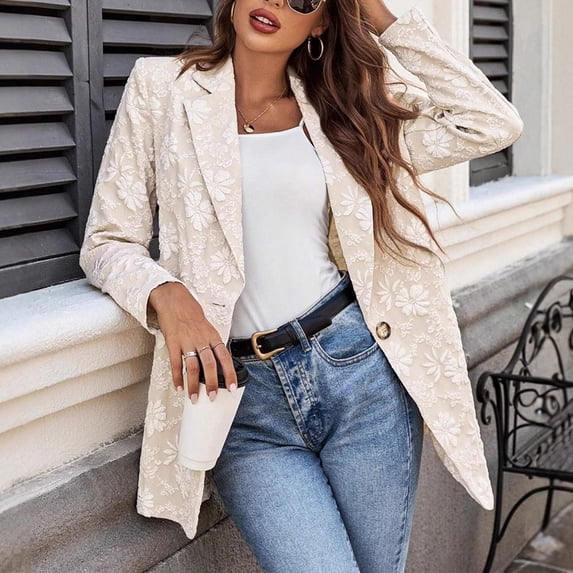 YSUEJPF Womens Lapel Long Sleeve Blazers Single Button Front Embroidered Flower Open Front Suit Jackets Work Business Streetwear