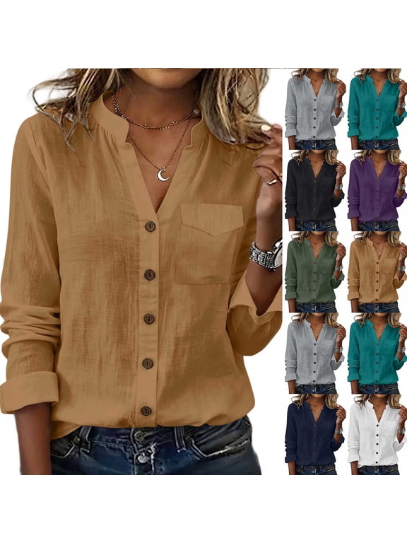 Womens Linen Button Down Shirts Casual Fall Long Sleeve Gauze Shirt Collarless V Neck Dressy Blouses with Chest Pocket