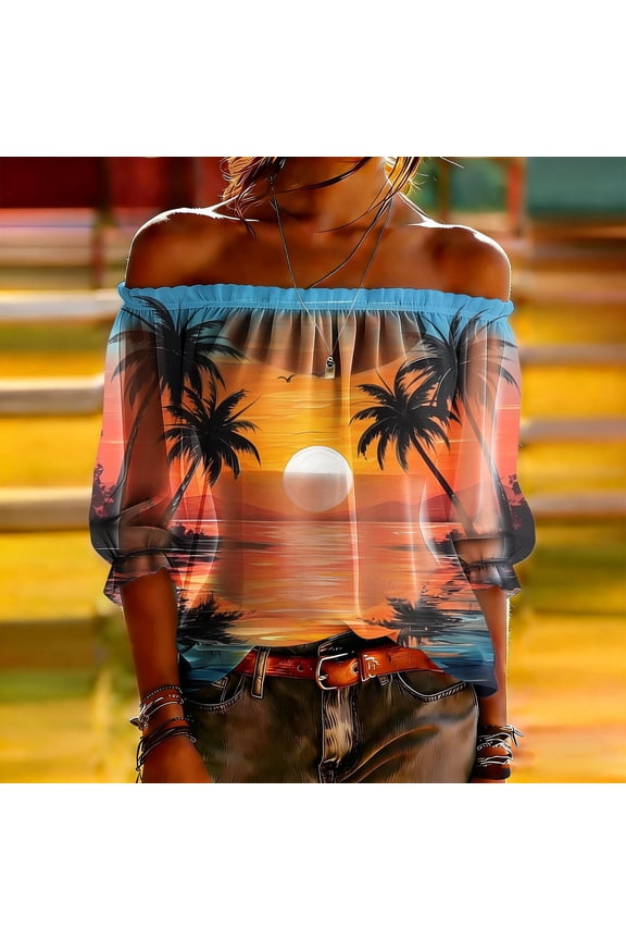Womens Off Shoulder Hawaiian Tropical Shirt Sheer Chiffon Ruffle Sleeve Summer Tops for Beach Vacation