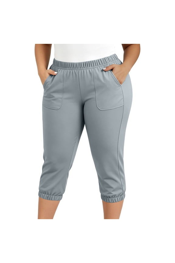 Womens Plus Size Cropped Pants Elastic Waist Tummy Control Butt Lifting Capri Yoga Pants with Pockets
