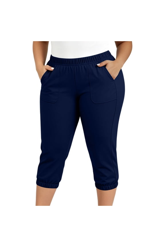 Womens Plus Size Cropped Pants Elastic Waist Tummy Control Butt Lifting Capri Yoga Pants with Pockets