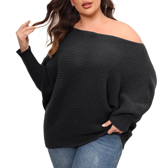 YSUEJPF Womens Plus Size Sweaters Boat Neck Batwing Sleeves Dolman Sweaters Loose Fit Knit Tops