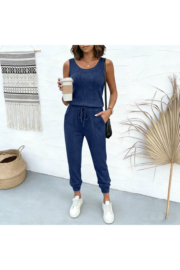 Womens Ribbed Knit Jumpsuits Crew Neck Elastic Waist Drawstring Overalls Sleeveless Summer Casual Rompers with Pockets