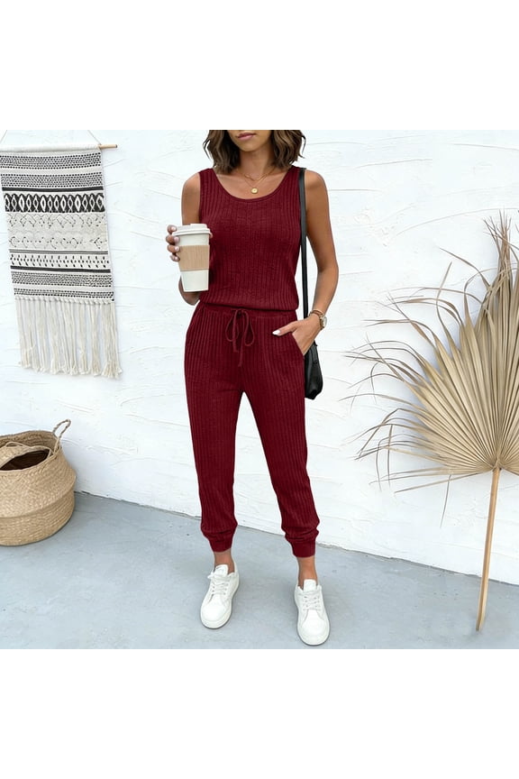 Womens Ribbed Knit Jumpsuits Crew Neck Elastic Waist Drawstring Overalls Sleeveless Summer Casual Rompers with Pockets