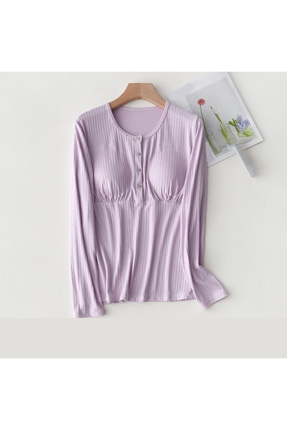 Womens Ribbed Round Neck Nursing Tops Button Down Long Sleeve Maternity Pullover Lounge Pregnancy Shirts