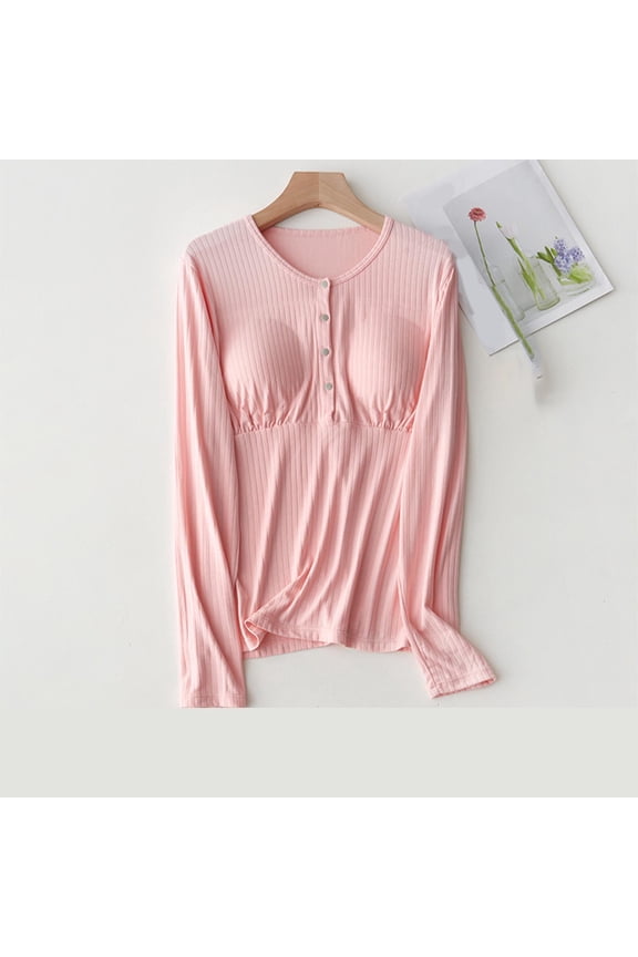 Womens Ribbed Round Neck Nursing Tops Button Down Long Sleeve Maternity Pullover Lounge Pregnancy Shirts