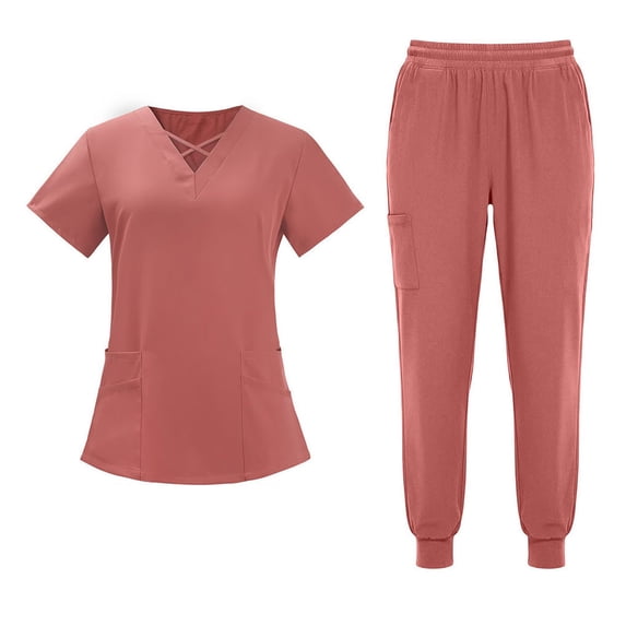 YSUEJPF Womens Scrubs Set Stretchy V Neck Short Sleeve Tops & Comfortable Scrubs Bottoms Lightweight Nurse Uniforms with Multi Pockets