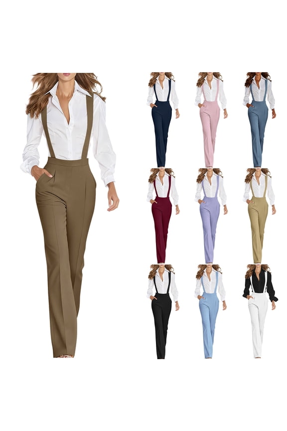 Womens Straight Leg Bib Overalls High Waisted Work Business Jumpsuit with Pockets