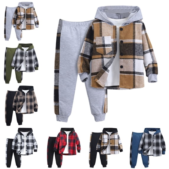 YSYWHUE 2Pcs Kids Boys Flannel Plaid Shirt Tops Pants Set Hoodie Sweatsuit for Fall Winter Spring Outfits 3-7 Years Workout Sets