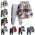 thumbnail image 1 of YSYWHUE Boys Clothes Pants Sets Plaid Long Sleeve Hooded Button Shirt Jacket and Jogger Pants for Kids Fall Winter Outfits Workout Sets, 1 of 9