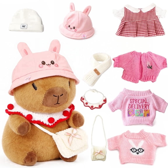 YSZZYSM 10.2-inch Capybara Plush Toy with 9 Changeable Outfits & Accessories, Super Soft Stuffed Animal Dress Up Gift Set for Kids Boys Girls Ages 3-7