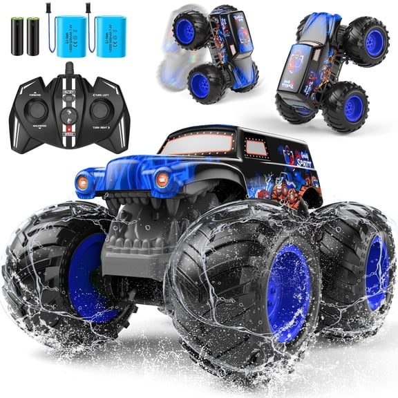 YSZZYSM Amphibious Remote Control Car, 1:14 Waterproof Monster Truck with 2 Rechargeable Batteries, 4WD Off-Road RC Vehicle for Kids Ages 4-12