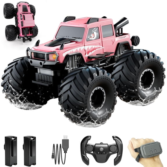 YSZZYSM Gesture Sensing Amphibious Remote Control Car, 1:16 Waterproof Monster Truck with 2 Rechargeable Batteries, 4WD All-Terrain RC Vehicle for Boys Ages 4-12,Pink