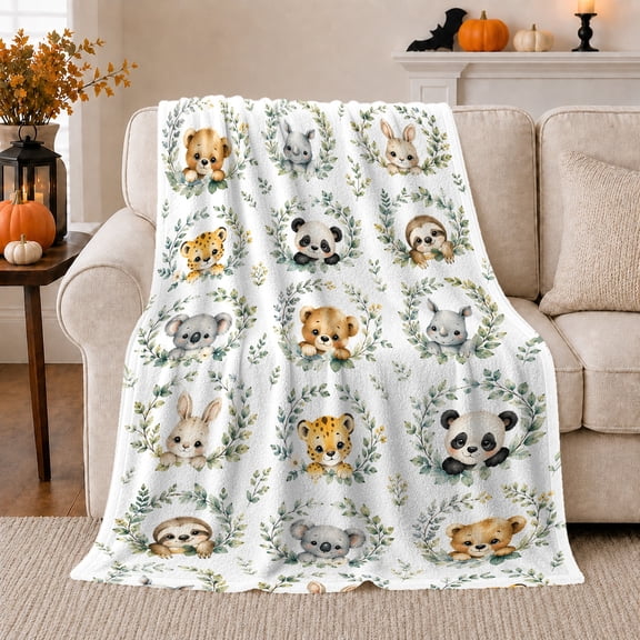 YShenghong Assorted Animals Peeking Through Soft Green Leafy Wreaths Printed Flannel Blanket