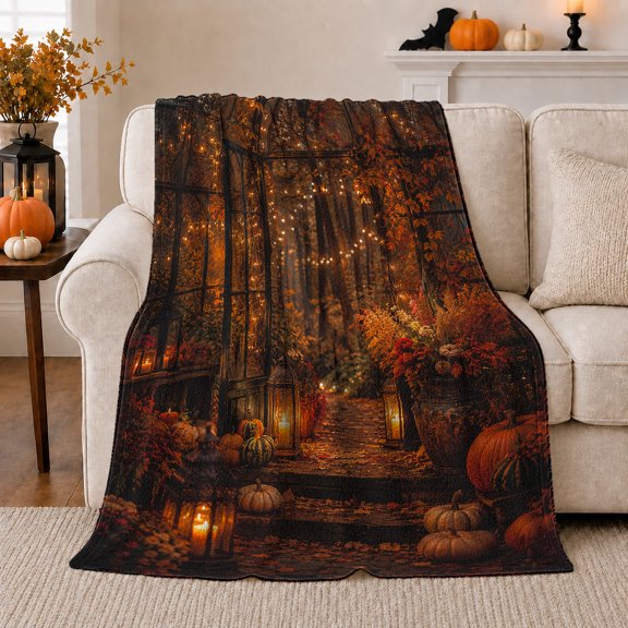 YShenghong Autumn Steps Beneath Glowing Woodland String Lights Printed Flannel Blanket