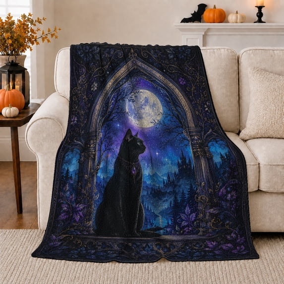 YShenghong Black Cat Beneath A Moonlit Gothic Arch Printed Flannel Blanket