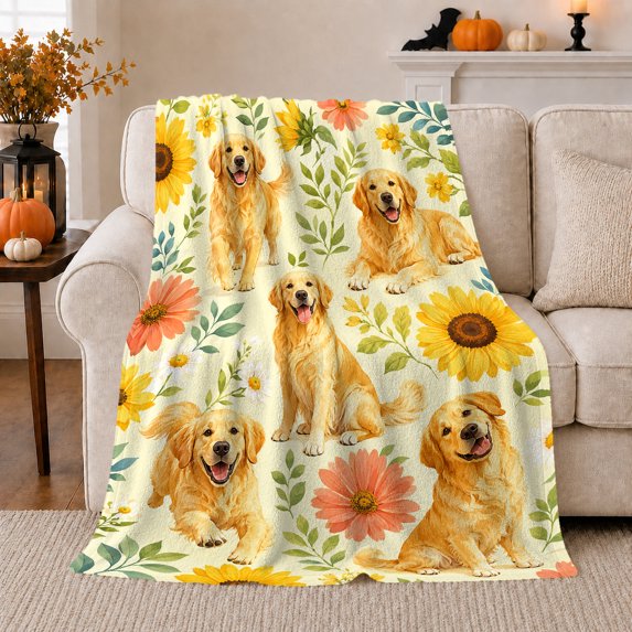 YShenghong Cheerful Golden Retrievers Among Bright Summer Flowers Printed Flannel Blanket