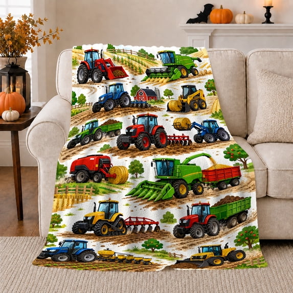 YShenghong Colorful Tractors Harvesters And Farm Machinery In Action Printed Flannel Blanket