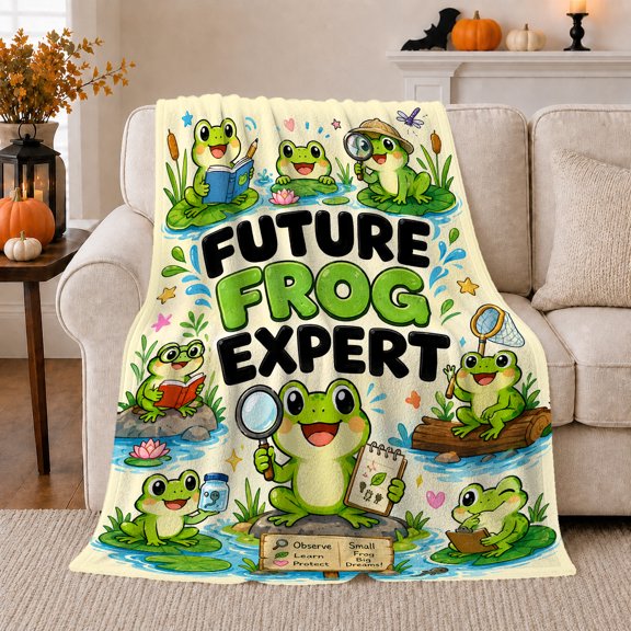YShenghong Curious Cartoon Frogs With Future Frog Expert Lettering Printed Flannel Blanket