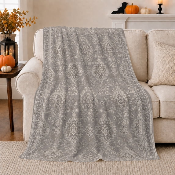 YShenghong Faded Gray Medallions With Antique Floral Borders Printed Flannel Blanket