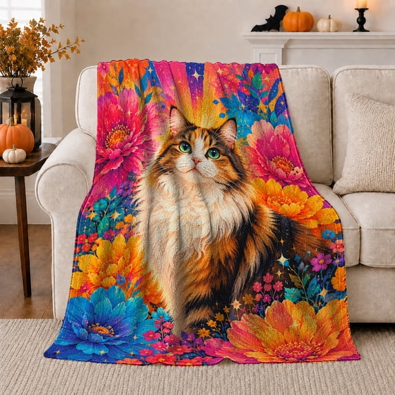 YShenghong Fluffy Calico Cat Surrounded By Vivid Giant Flowers Printed Flannel Blanket