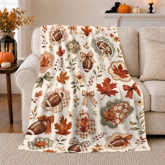 YShenghong Footballs Leaves Bows And Florals In Plaid Frames Printed Flannel Blanket