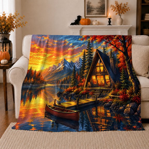 YShenghong Glowing Lakeside Cabin Canoe And Autumn Mountain Sunset Printed Flannel Blanket