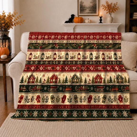 YShenghong Lanterns Cottages Sleighs And Mittens Folk Pattern Printed Flannel Blanket