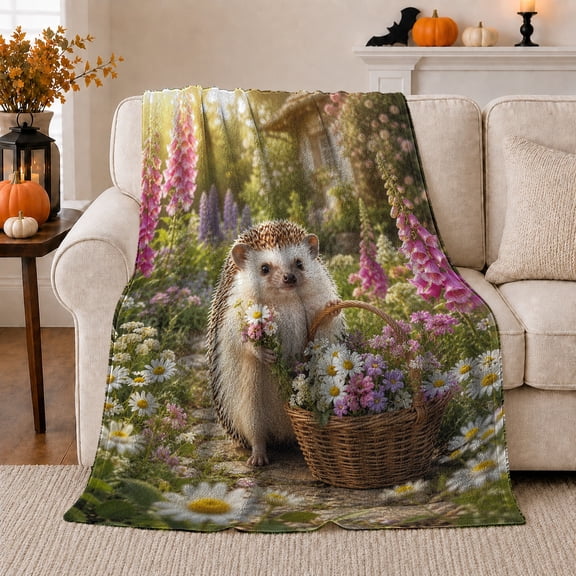 YShenghong Little Hedgehog Carrying A Basket Of Wildflowers Printed Flannel Blanket