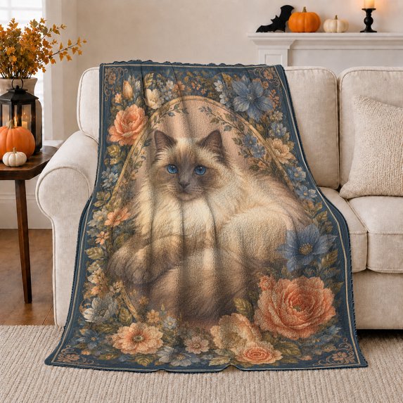 YShenghong Long Haired Cat Within An Ornate Floral Frame Printed Flannel Blanket
