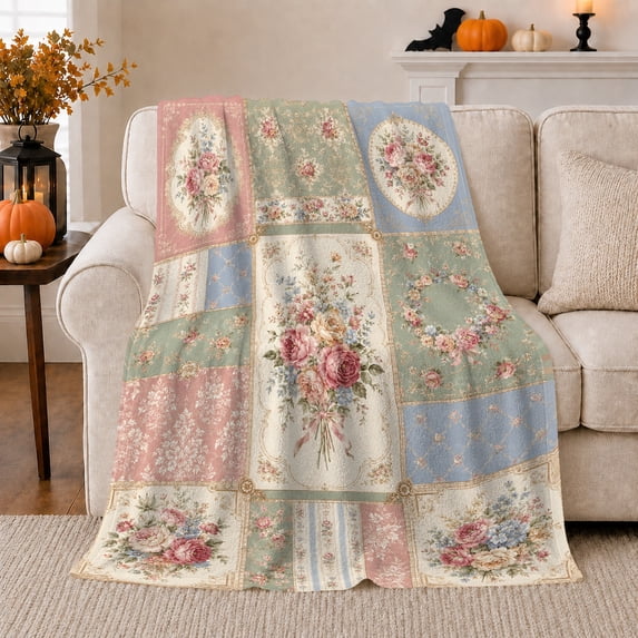 YShenghong Ornate Pastel Patchwork With Framed Floral Bouquets Printed Flannel Blanket