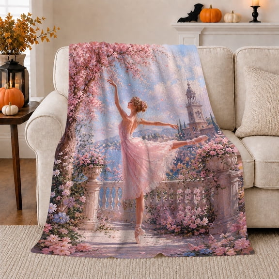 YShenghong Pink Ballerina Dancing On A Blossom Filled Terrace Printed Flannel Blanket